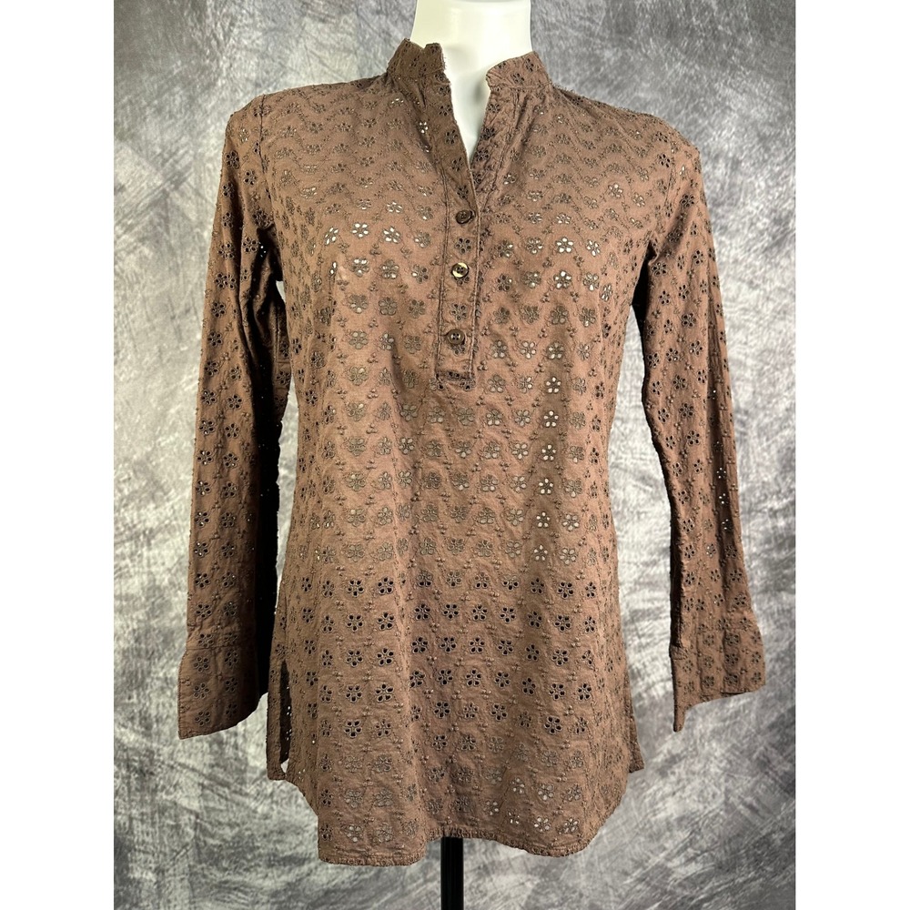 Saint Tropez West Eyelet Tunic Blouse Women Medium Brown Long Sleeve Cotton